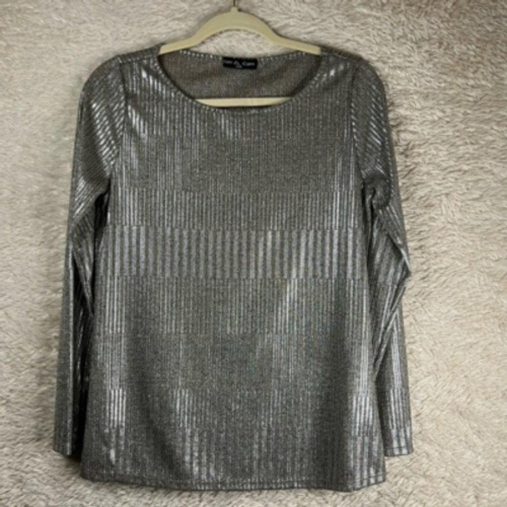 Kim & Cami Womens Blouse Silver Metallic Long Sleeve Scoop Neck S New